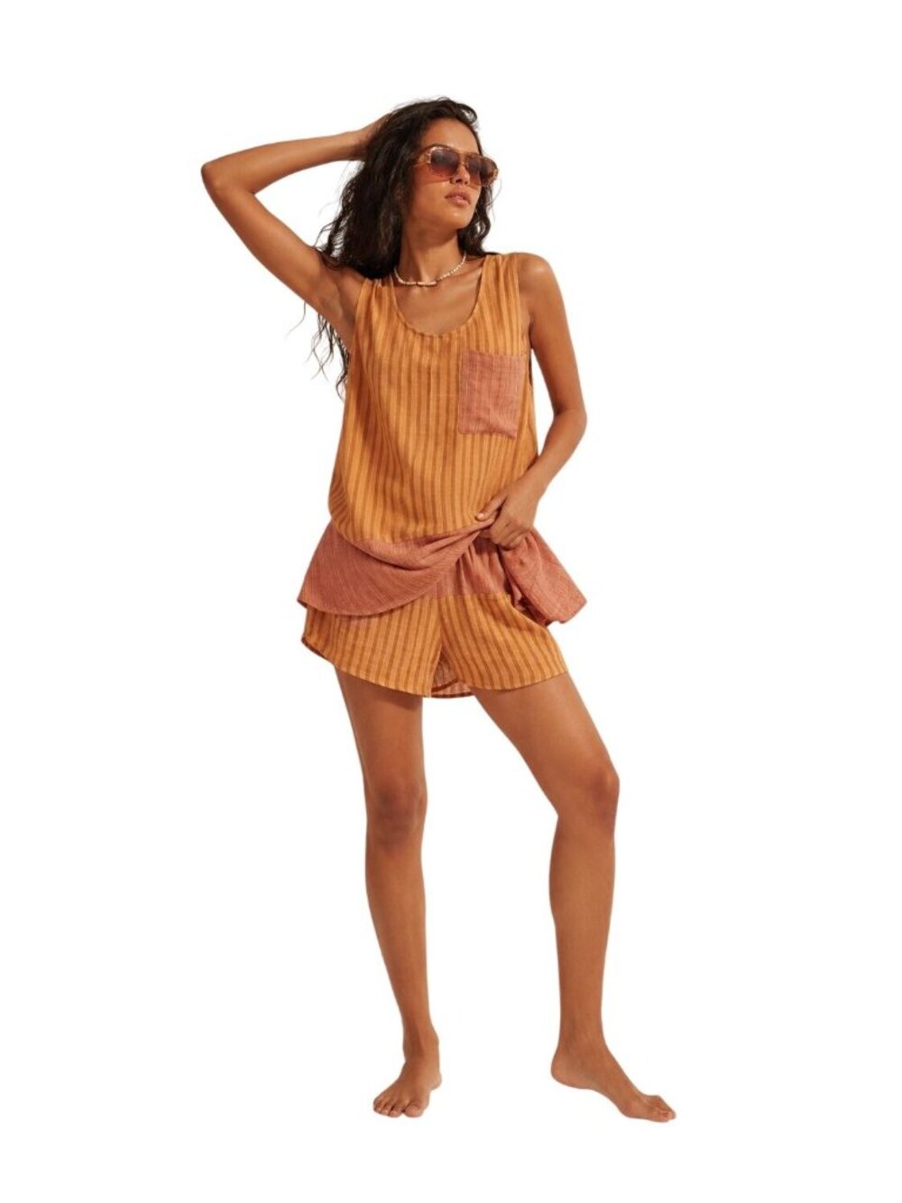 Free People Annabelle Striped Multicolor Gauzy Yarn Dye Set Shorts & Top Medium